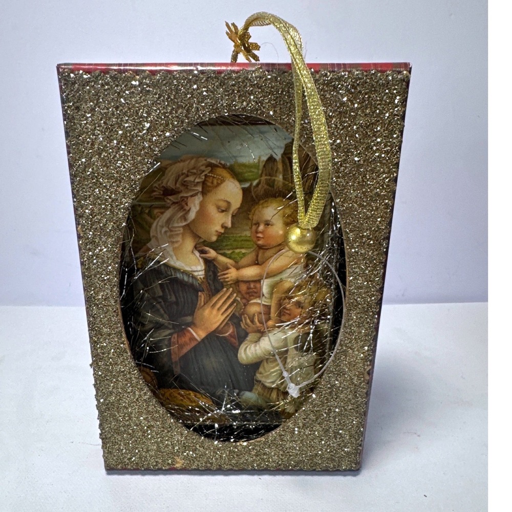 Madonna and Child Shadow Box Christmas Ornament Gold Glitter Plaid Religious